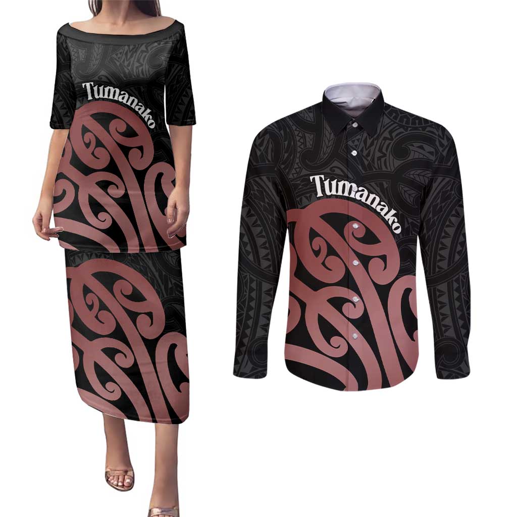 New Zealand Mangopare Tamanako Couples Matching Puletasi and Long Sleeve Button Shirt Aotearoa Maori LT14 Brown - Polynesian Pride