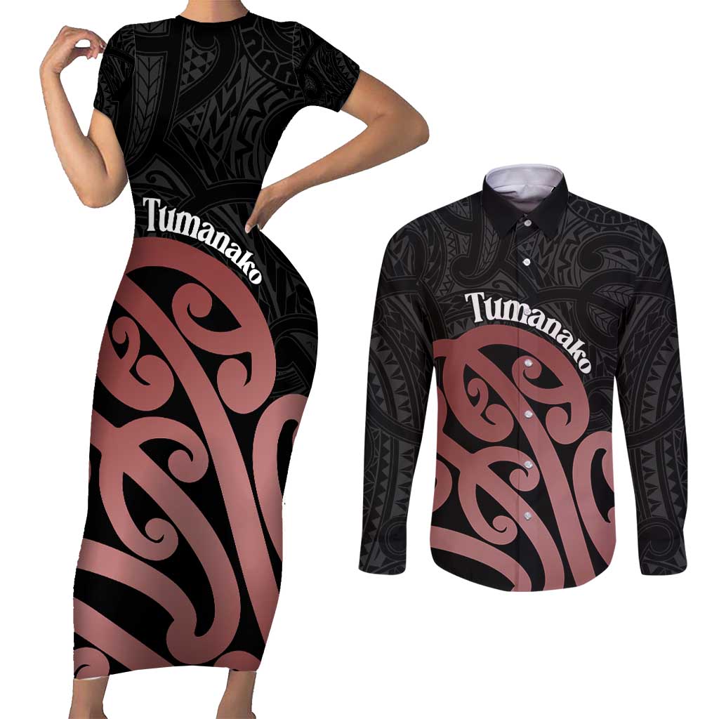 New Zealand Mangopare Tamanako Couples Matching Short Sleeve Bodycon Dress and Long Sleeve Button Shirt Aotearoa Maori LT14 Brown - Polynesian Pride
