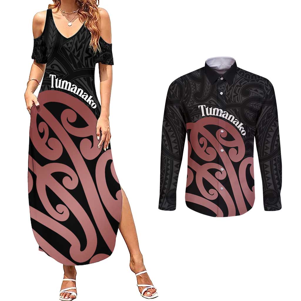 New Zealand Mangopare Tamanako Couples Matching Summer Maxi Dress and Long Sleeve Button Shirt Aotearoa Maori LT14 Brown - Polynesian Pride