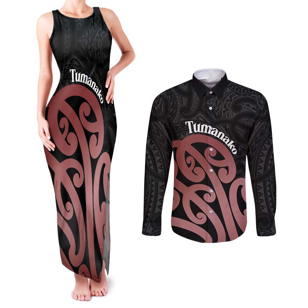 New Zealand Mangopare Tamanako Couples Matching Tank Maxi Dress and Long Sleeve Button Shirt Aotearoa Maori LT14 Brown - Polynesian Pride