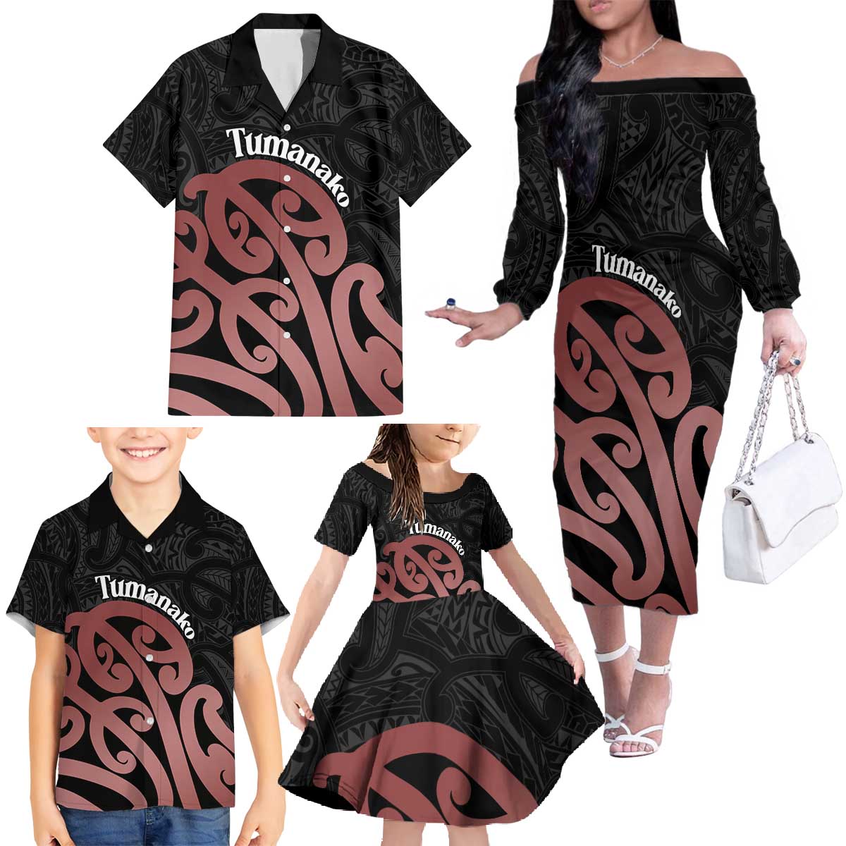 New Zealand Mangopare Tamanako Family Matching Off The Shoulder Long Sleeve Dress and Hawaiian Shirt Aotearoa Maori LT14 - Polynesian Pride