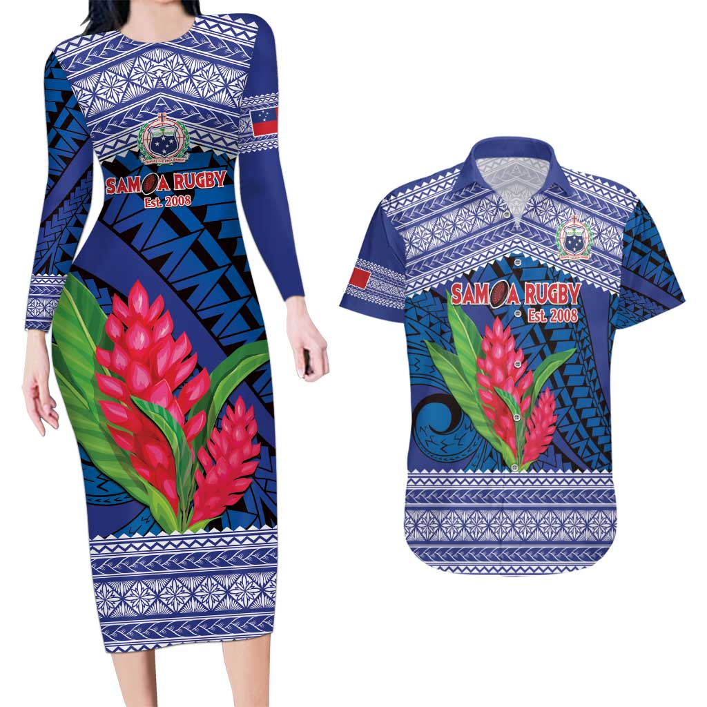 Custom Samoa Rugby Couples Matching Long Sleeve Bodycon Dress and Hawaiian Shirt 2024 Go Champions Samoan Gingers LT14 Blue - Polynesian Pride