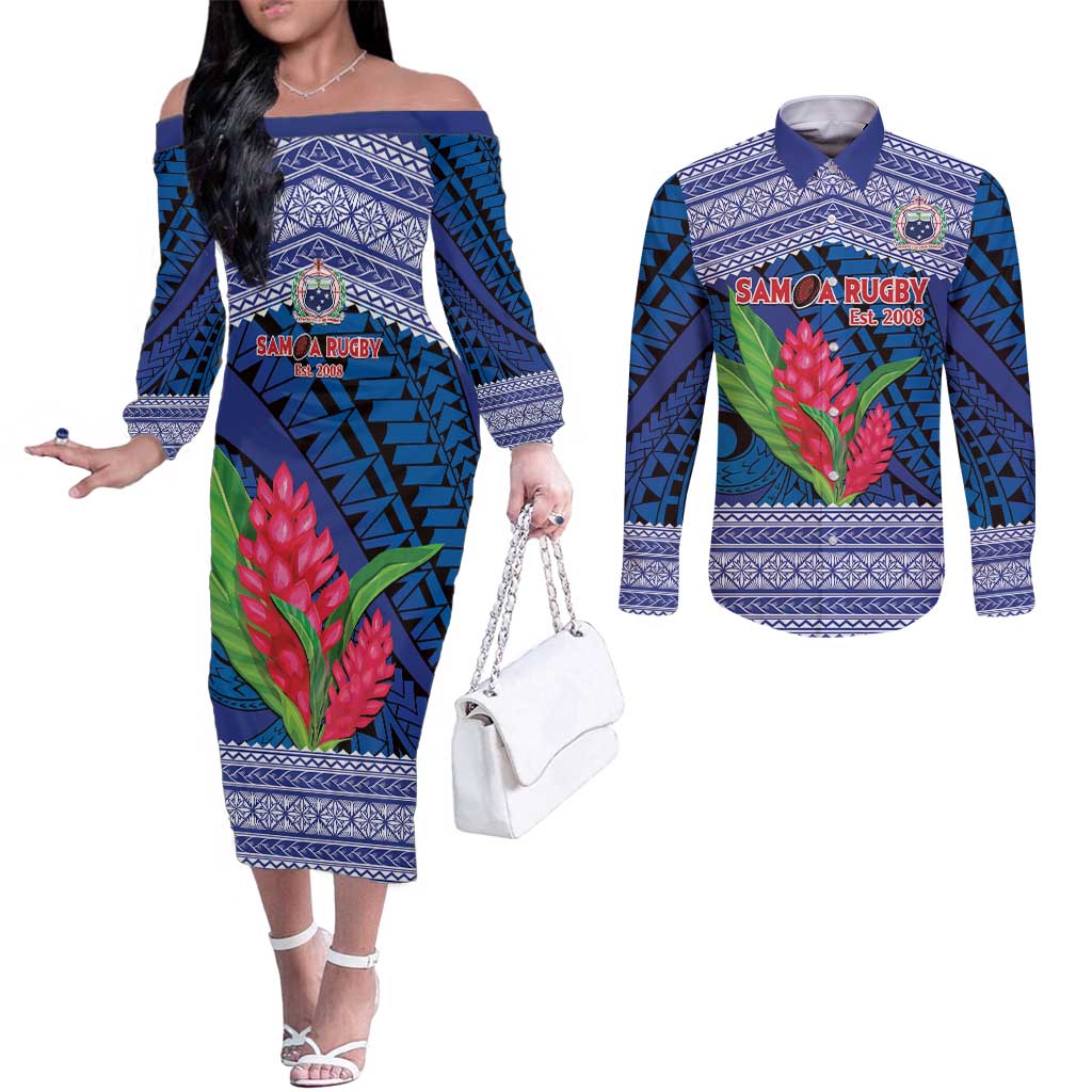 Custom Samoa Rugby Couples Matching Off The Shoulder Long Sleeve Dress and Long Sleeve Button Shirt 2024 Go Champions Samoan Gingers LT14 Blue - Polynesian Pride