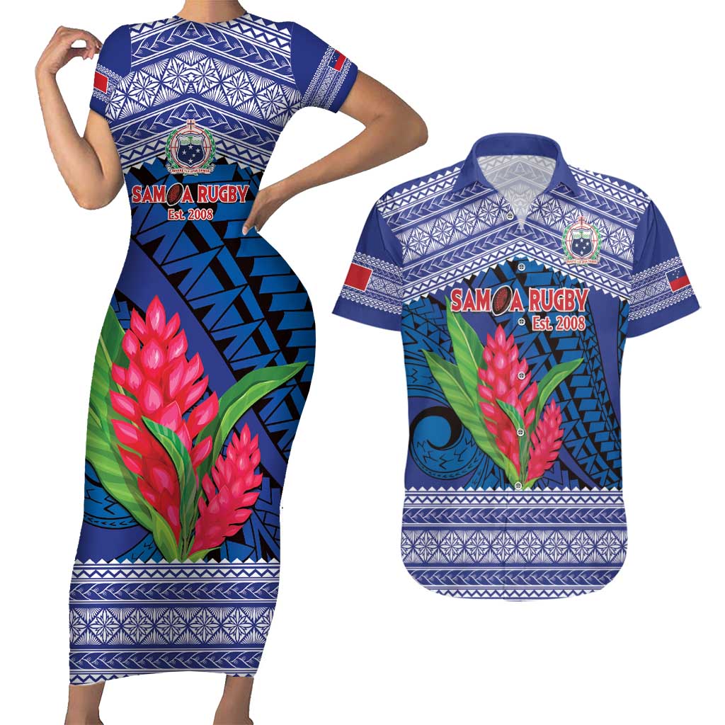 Custom Samoa Rugby Couples Matching Short Sleeve Bodycon Dress and Hawaiian Shirt 2024 Go Champions Samoan Gingers LT14 Blue - Polynesian Pride