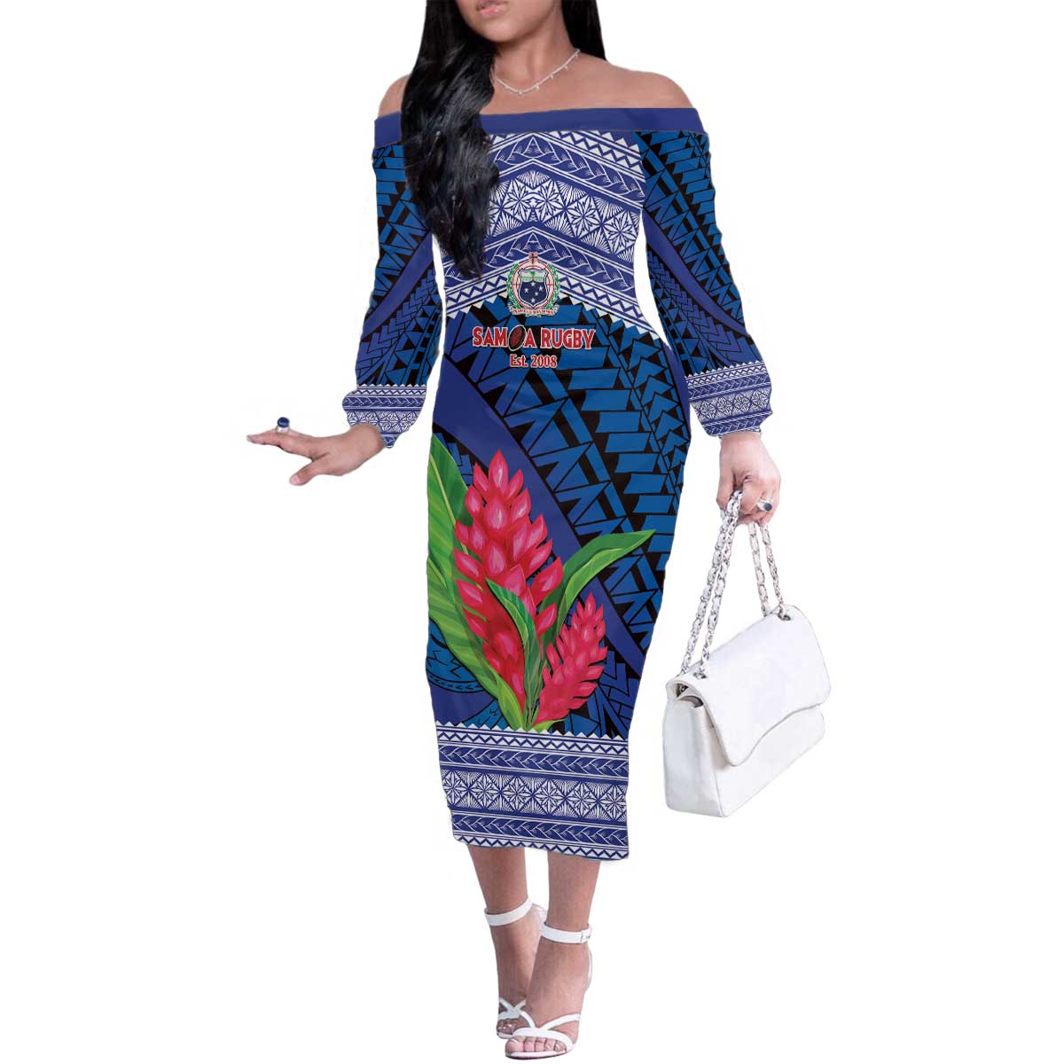 Custom Samoa Rugby Family Matching Off The Shoulder Long Sleeve Dress and Hawaiian Shirt 2024 Go Champions Samoan Gingers LT14 Mom's Dress Blue - Polynesian Pride