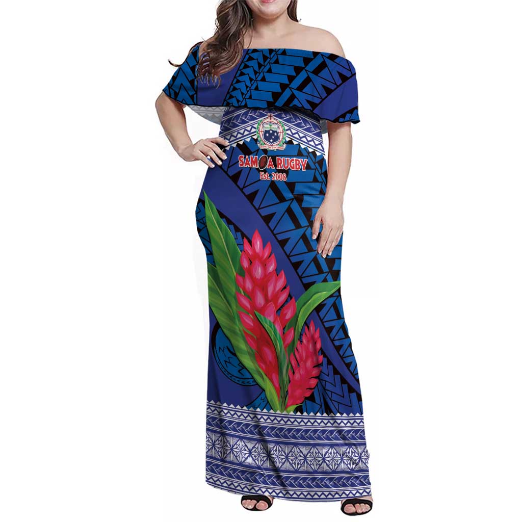 Custom Samoa Rugby Family Matching Off Shoulder Maxi Dress and Hawaiian Shirt 2024 Go Champions Samoan Gingers LT14 Mom's Dress Blue - Polynesian Pride