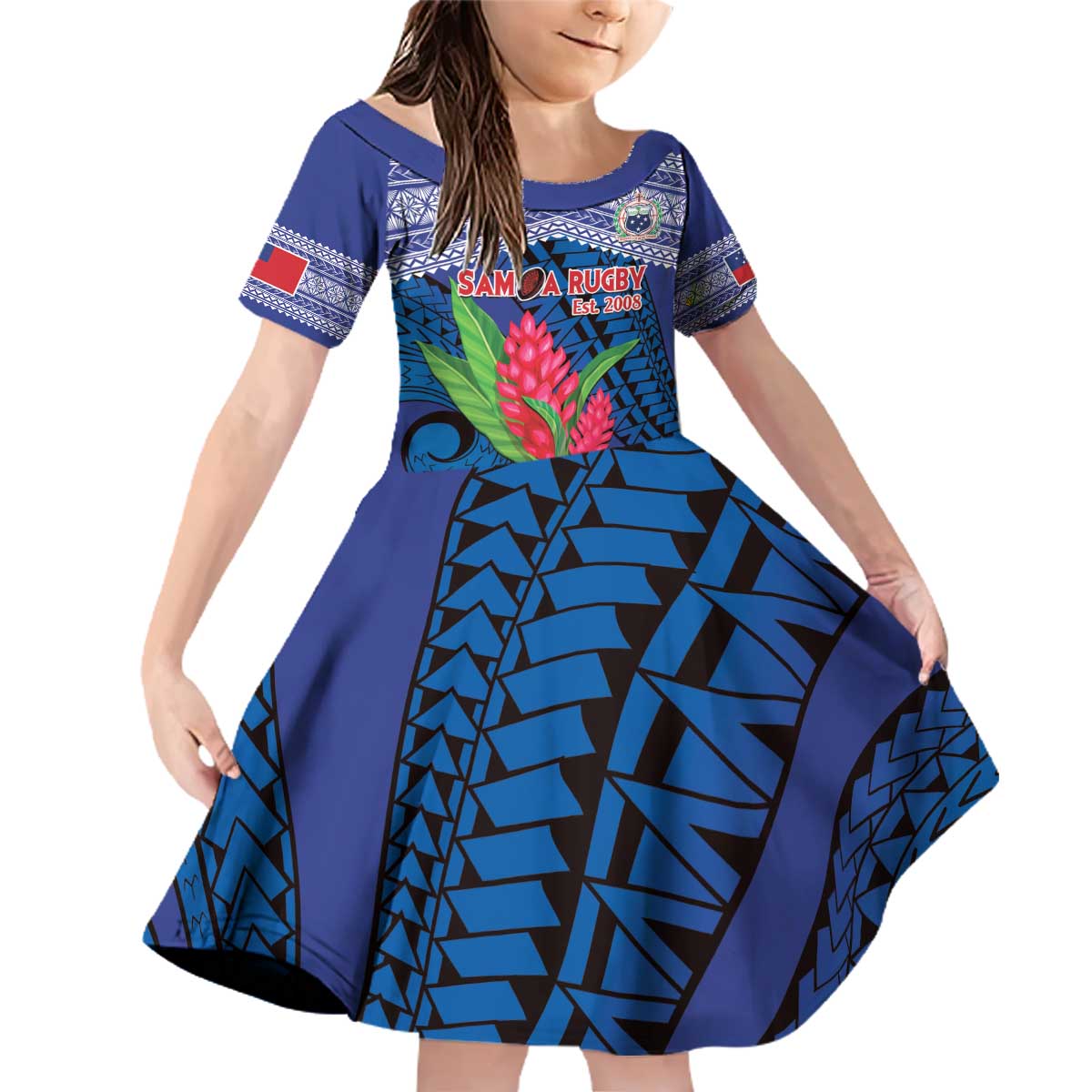 Custom Samoa Rugby Family Matching Off Shoulder Short Dress and Hawaiian Shirt 2024 Go Champions Samoan Gingers LT14 Daughter's Dress Blue - Polynesian Pride