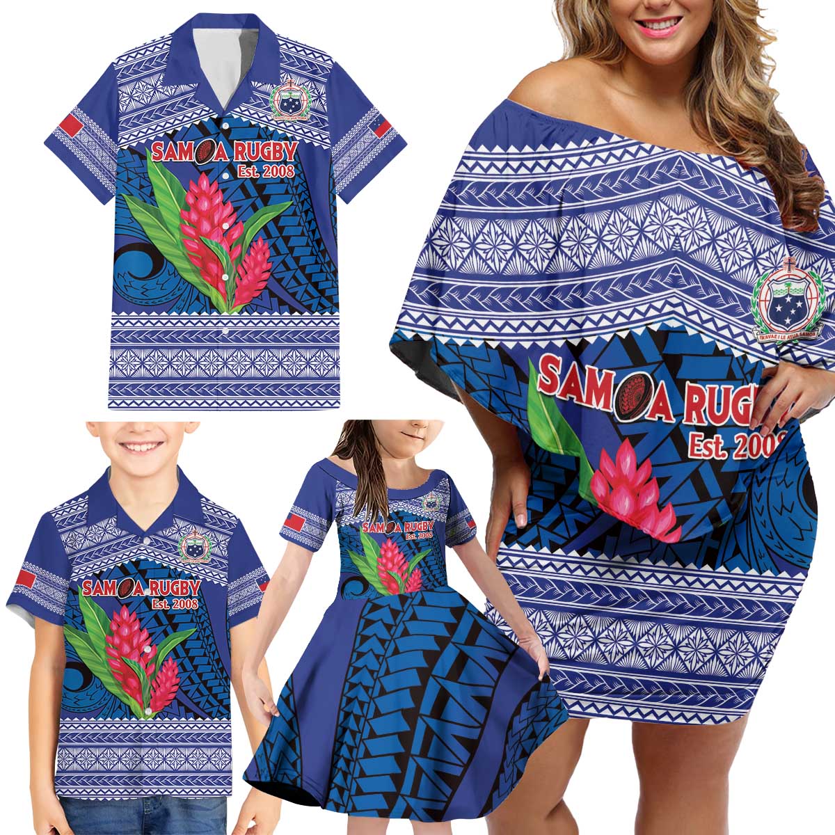 Custom Samoa Rugby Family Matching Off Shoulder Short Dress and Hawaiian Shirt 2024 Go Champions Samoan Gingers LT14 - Polynesian Pride