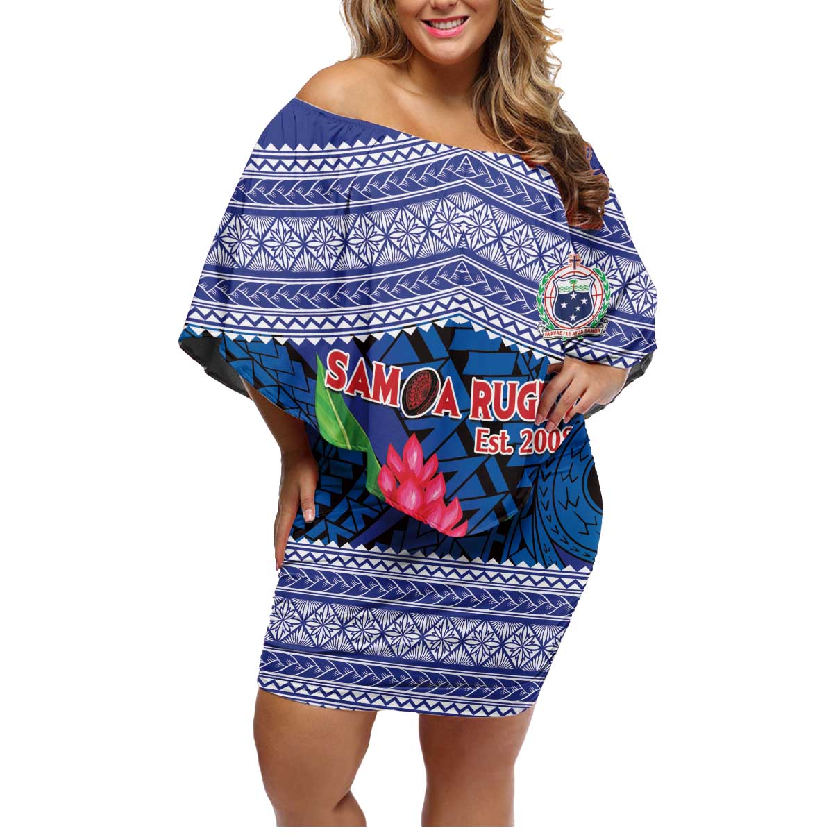 Custom Samoa Rugby Family Matching Off Shoulder Short Dress and Hawaiian Shirt 2024 Go Champions Samoan Gingers LT14 Mom's Dress Blue - Polynesian Pride