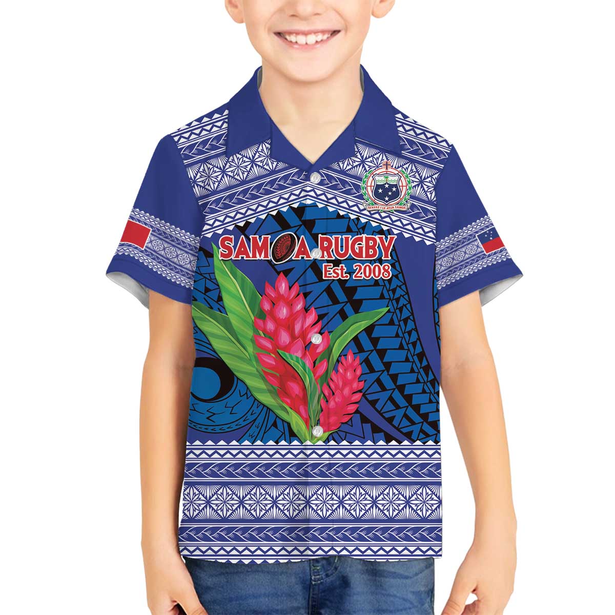 Custom Samoa Rugby Family Matching Puletasi and Hawaiian Shirt 2024 Go Champions Samoan Gingers LT14 Son's Shirt Blue - Polynesian Pride