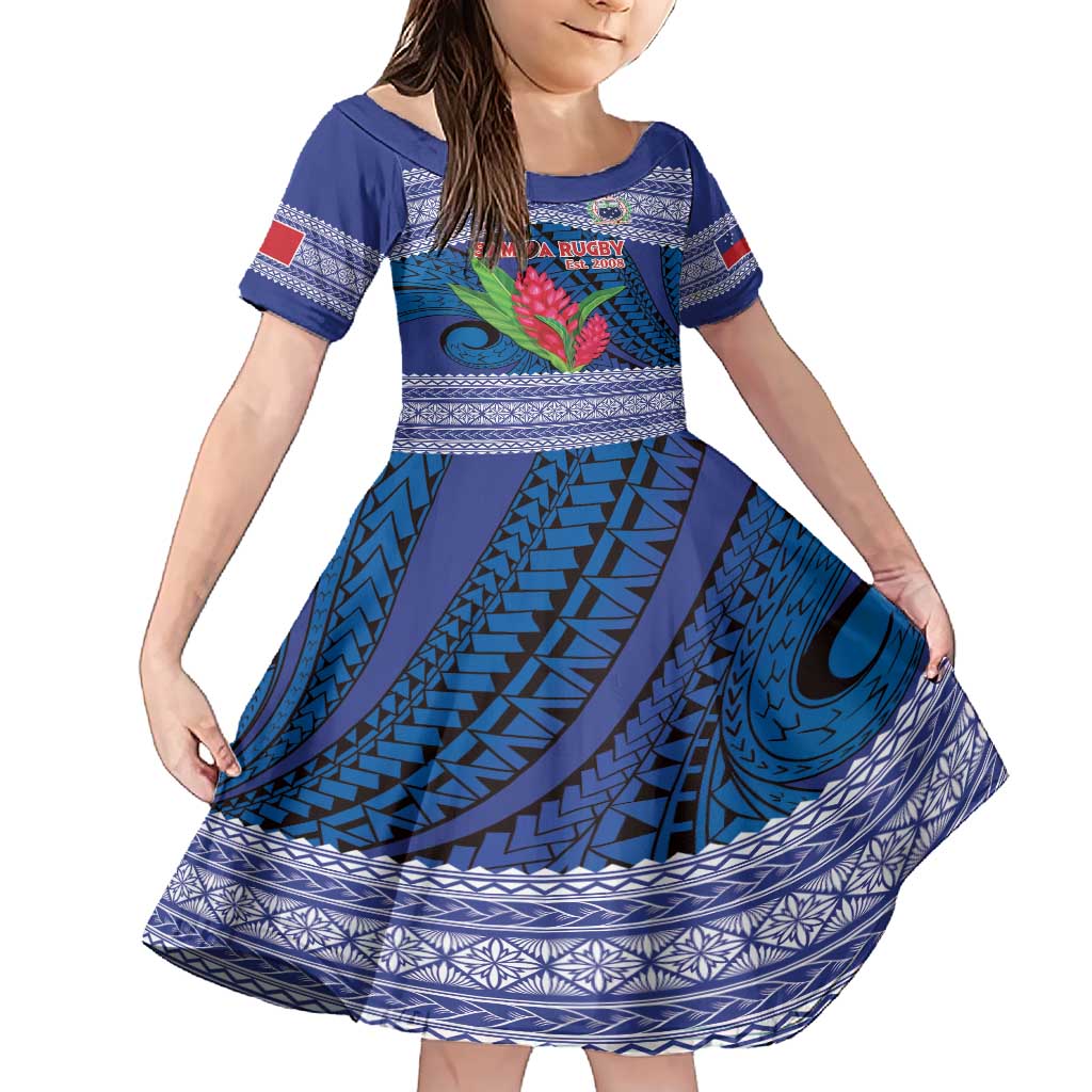 Custom Samoa Rugby Family Matching Short Sleeve Bodycon Dress and Hawaiian Shirt 2024 Go Champions Samoan Gingers LT14 Daughter's Dress Blue - Polynesian Pride