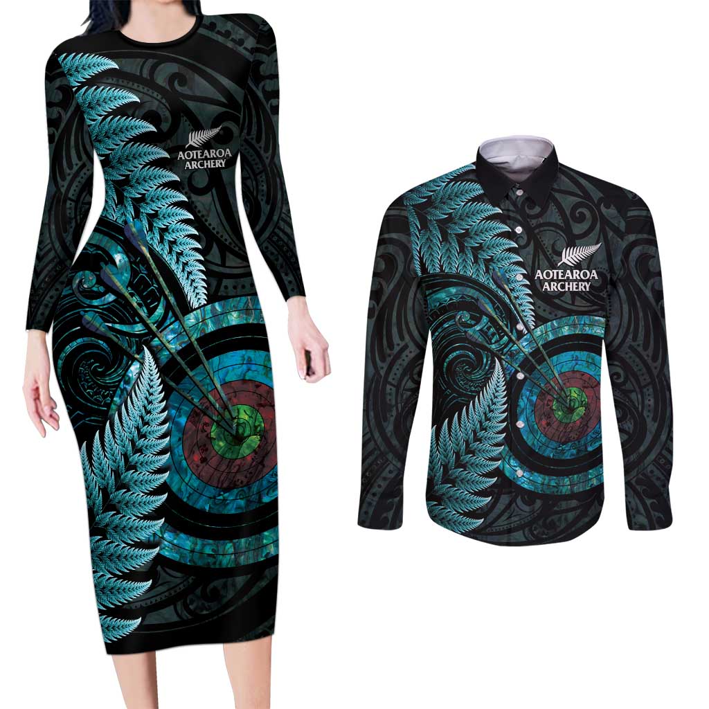 New Zealand Archery Couples Matching Long Sleeve Bodycon Dress and Long Sleeve Button Shirt Aotearoa Silver Fern Maori LT14 Turquoise - Polynesian Pride