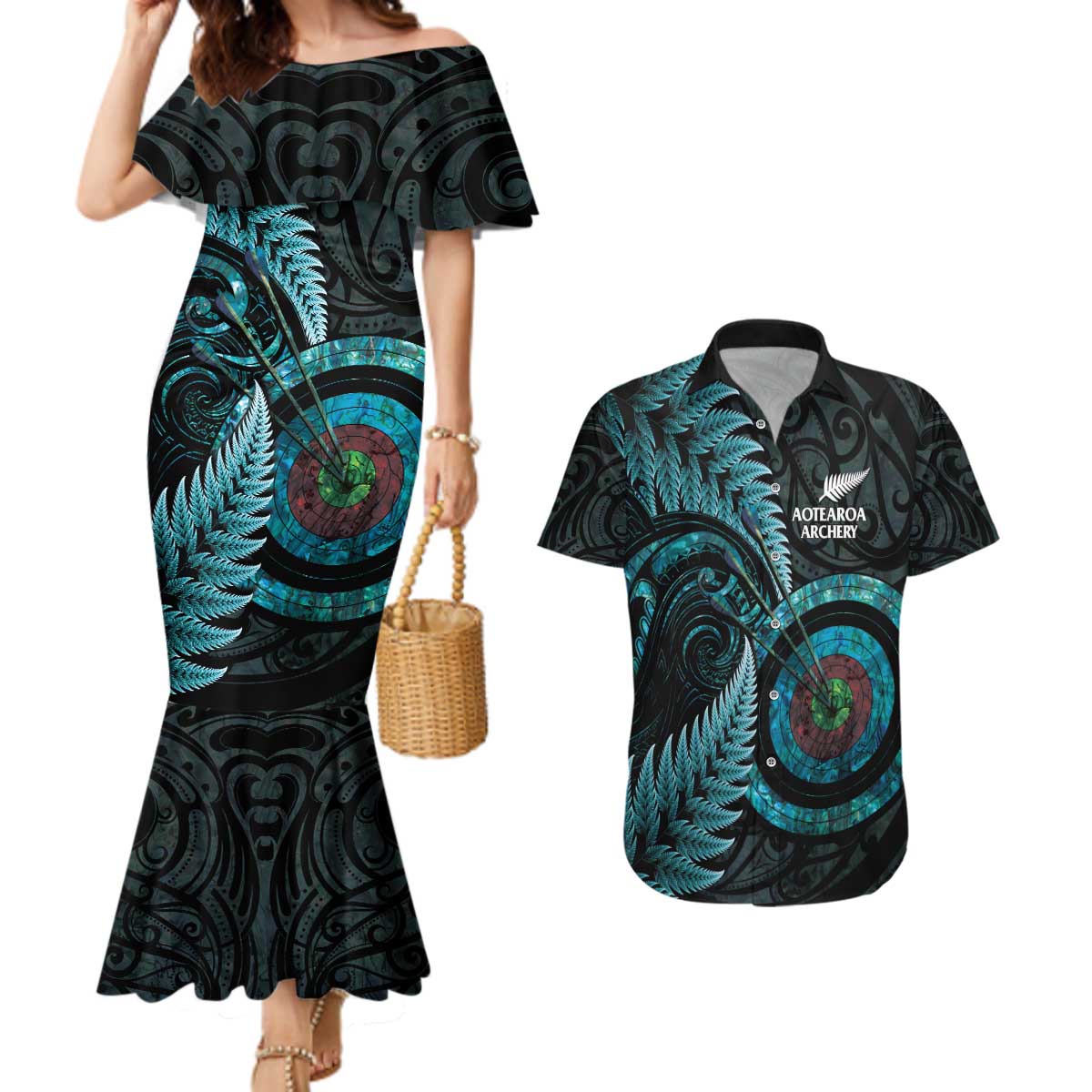 New Zealand Archery Couples Matching Mermaid Dress and Hawaiian Shirt Aotearoa Silver Fern Maori LT14 Turquoise - Polynesian Pride