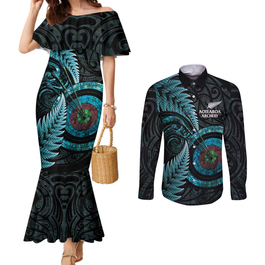 New Zealand Archery Couples Matching Mermaid Dress and Long Sleeve Button Shirt Aotearoa Silver Fern Maori LT14 Turquoise - Polynesian Pride