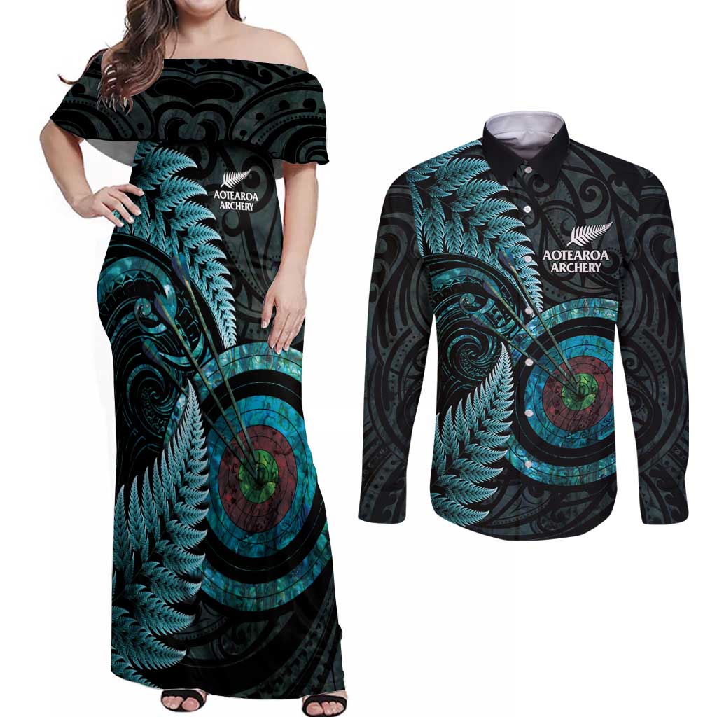 New Zealand Archery Couples Matching Off Shoulder Maxi Dress and Long Sleeve Button Shirt Aotearoa Silver Fern Maori LT14 Turquoise - Polynesian Pride