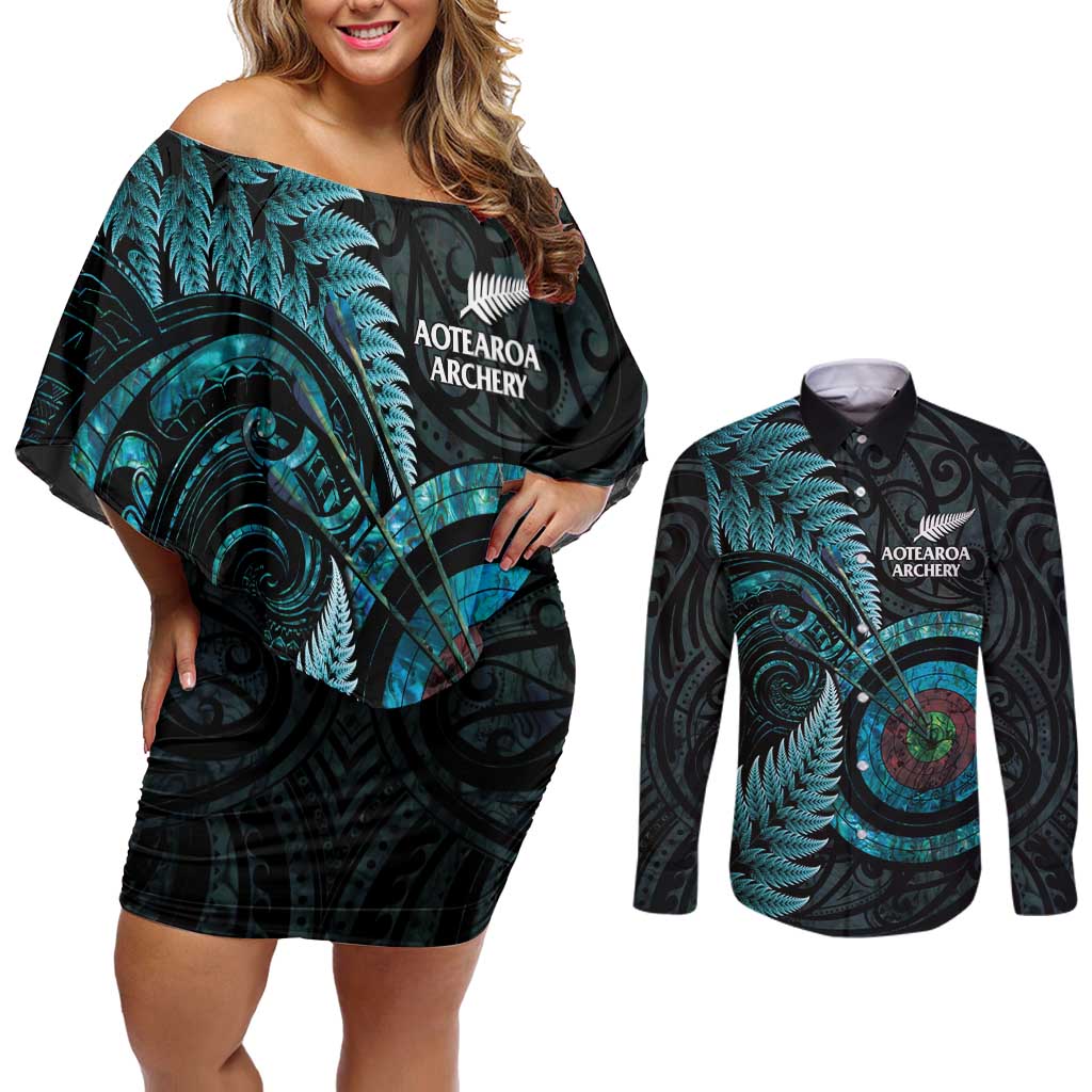 New Zealand Archery Couples Matching Off Shoulder Short Dress and Long Sleeve Button Shirt Aotearoa Silver Fern Maori LT14 Turquoise - Polynesian Pride