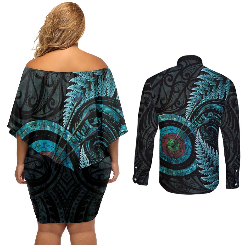 New Zealand Archery Couples Matching Off Shoulder Short Dress and Long Sleeve Button Shirt Aotearoa Silver Fern Maori LT14 - Polynesian Pride