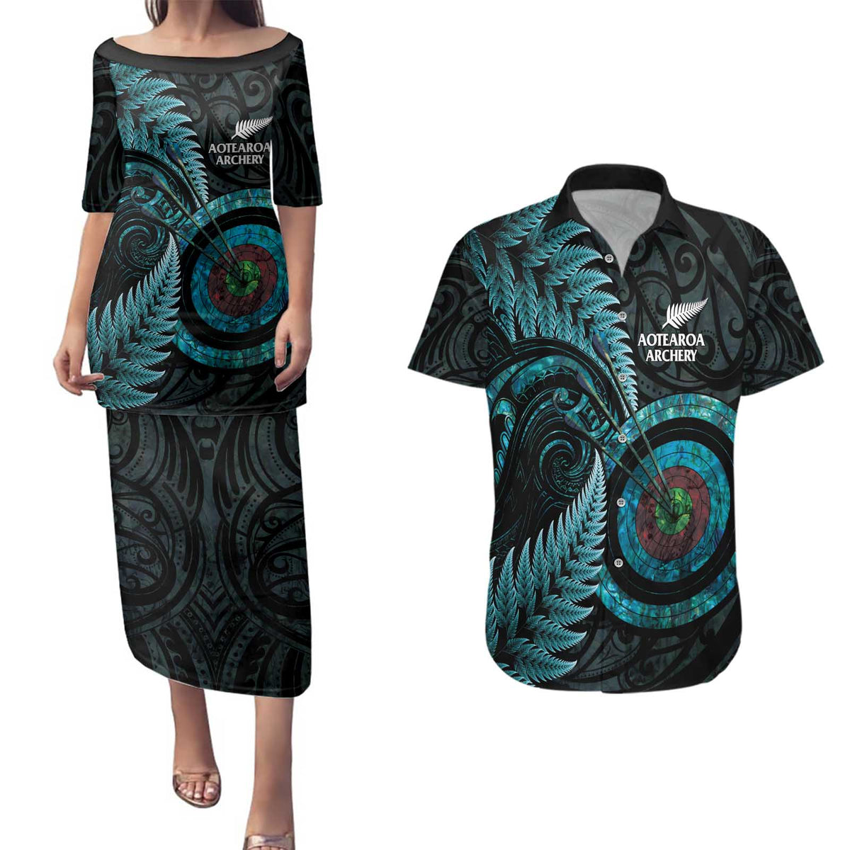 New Zealand Archery Couples Matching Puletasi and Hawaiian Shirt Aotearoa Silver Fern Maori LT14 Turquoise - Polynesian Pride