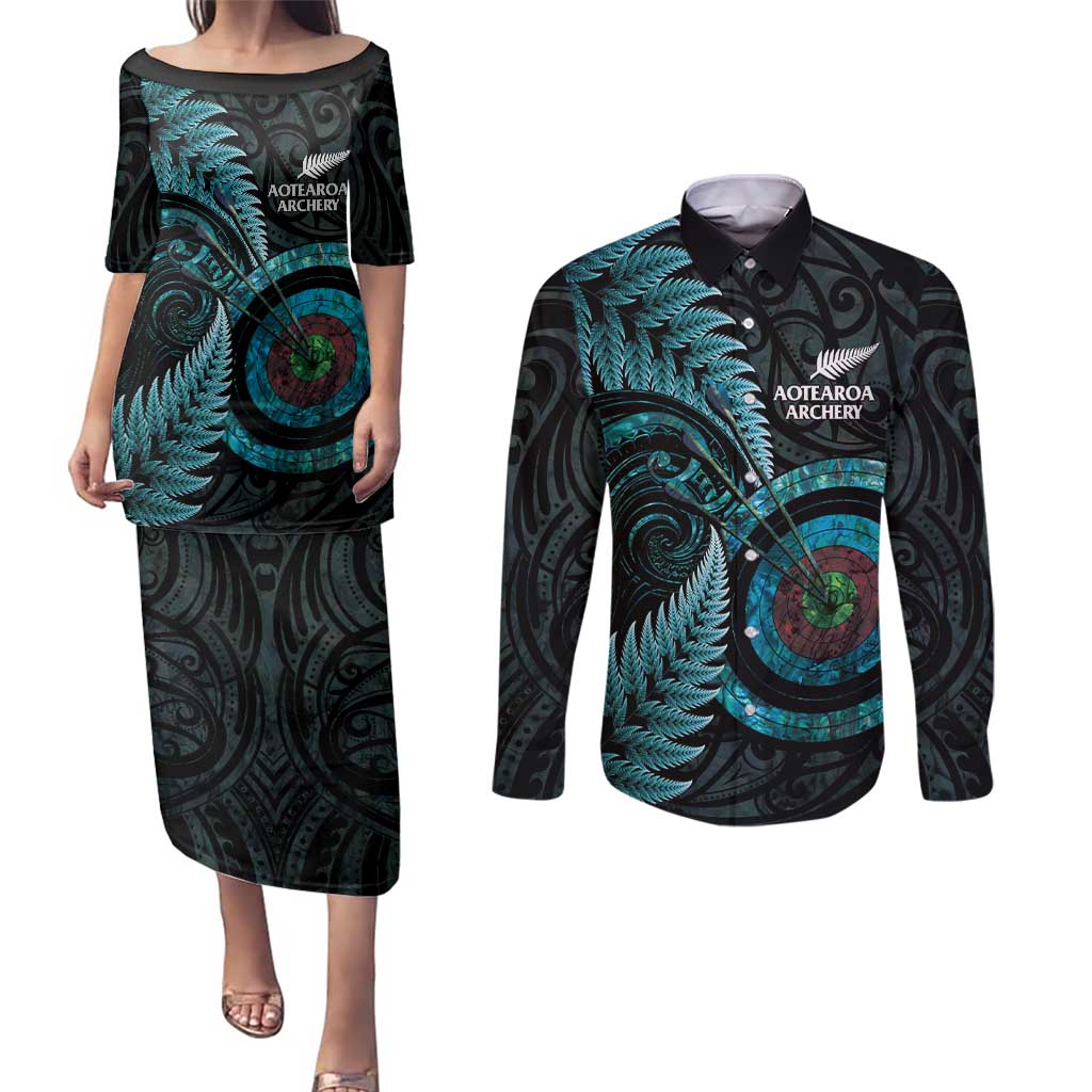 New Zealand Archery Couples Matching Puletasi and Long Sleeve Button Shirt Aotearoa Silver Fern Maori LT14 Turquoise - Polynesian Pride
