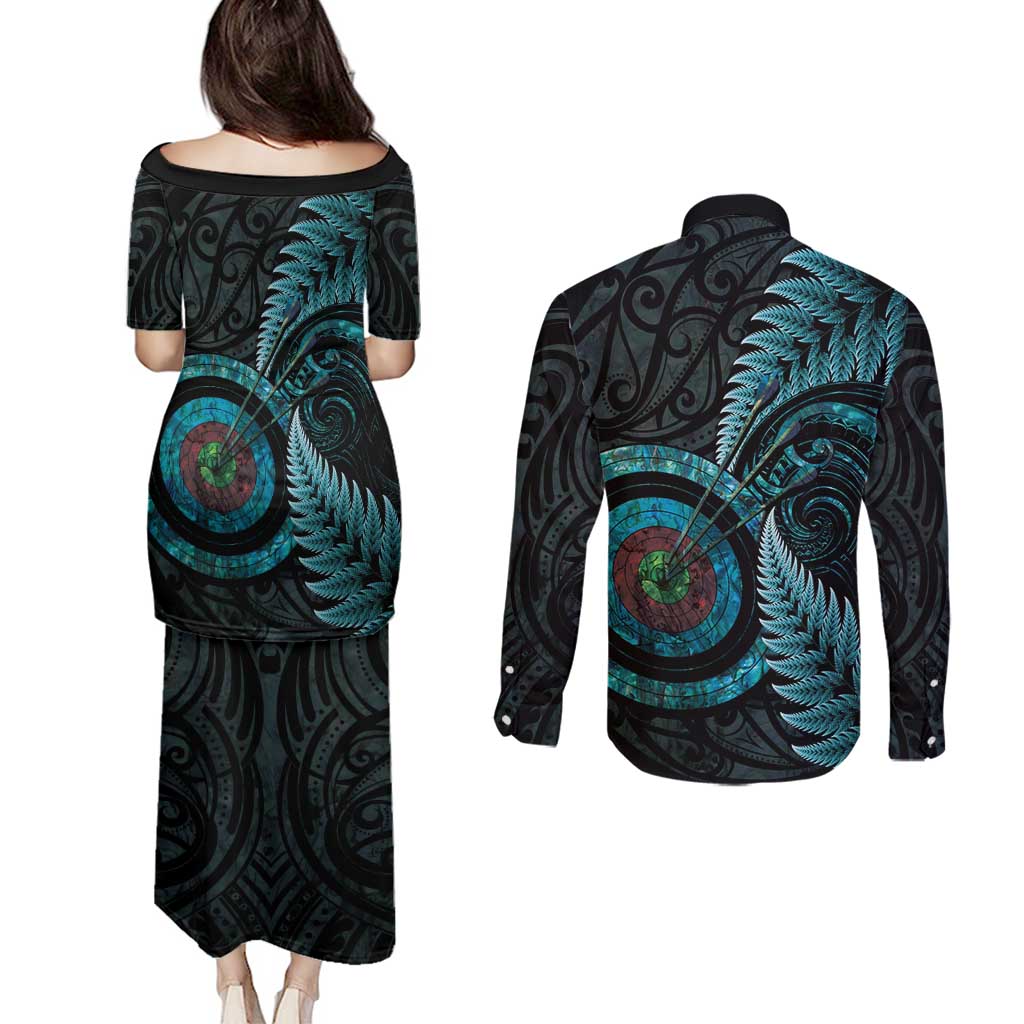 New Zealand Archery Couples Matching Puletasi and Long Sleeve Button Shirt Aotearoa Silver Fern Maori LT14 - Polynesian Pride