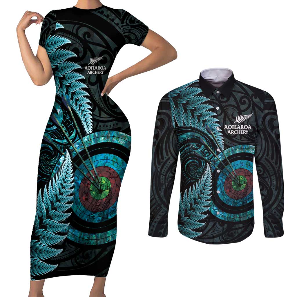 New Zealand Archery Couples Matching Short Sleeve Bodycon Dress and Long Sleeve Button Shirt Aotearoa Silver Fern Maori LT14 Turquoise - Polynesian Pride