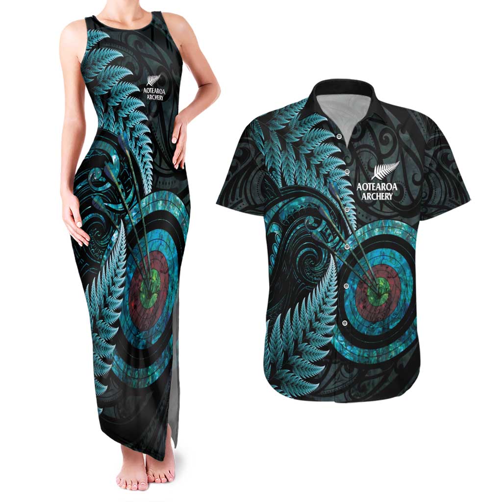 New Zealand Archery Couples Matching Tank Maxi Dress and Hawaiian Shirt Aotearoa Silver Fern Maori LT14 Turquoise - Polynesian Pride