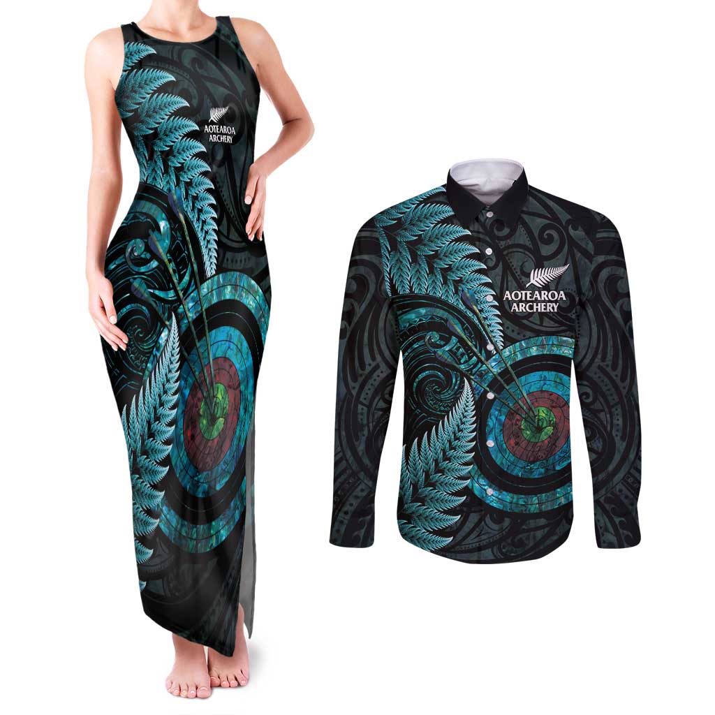 New Zealand Archery Couples Matching Tank Maxi Dress and Long Sleeve Button Shirt Aotearoa Silver Fern Maori LT14 Turquoise - Polynesian Pride