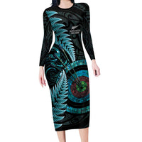 New Zealand Archery Family Matching Long Sleeve Bodycon Dress and Hawaiian Shirt Aotearoa Silver Fern Maori LT14 Mom's Dress Turquoise - Polynesian Pride