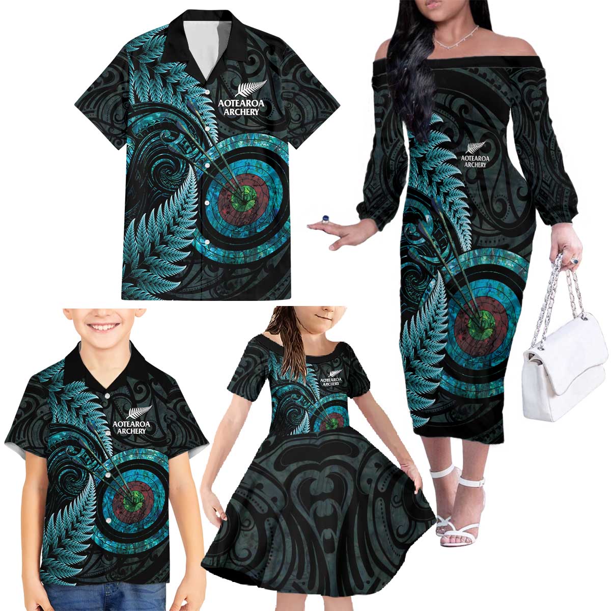 New Zealand Archery Family Matching Off The Shoulder Long Sleeve Dress and Hawaiian Shirt Aotearoa Silver Fern Maori LT14 - Polynesian Pride