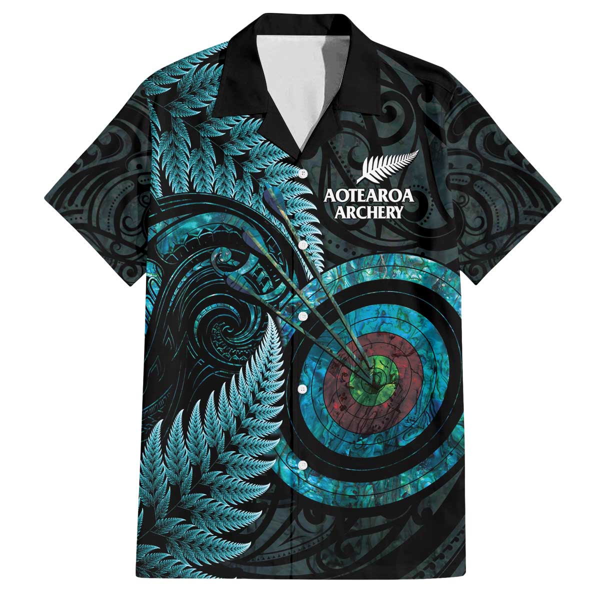 New Zealand Archery Family Matching Off The Shoulder Long Sleeve Dress and Hawaiian Shirt Aotearoa Silver Fern Maori LT14 Dad's Shirt - Short Sleeve Turquoise - Polynesian Pride