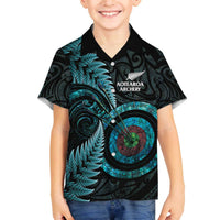 New Zealand Archery Family Matching Off The Shoulder Long Sleeve Dress and Hawaiian Shirt Aotearoa Silver Fern Maori LT14 Son's Shirt Turquoise - Polynesian Pride