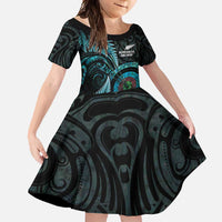 New Zealand Archery Family Matching Off Shoulder Maxi Dress and Hawaiian Shirt Aotearoa Silver Fern Maori LT14 Daughter's Dress Turquoise - Polynesian Pride