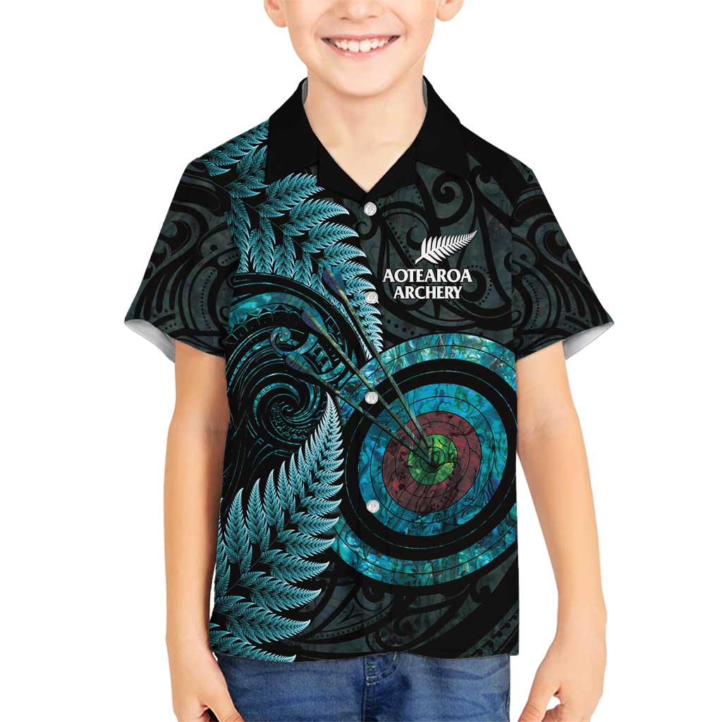 New Zealand Archery Family Matching Off Shoulder Maxi Dress and Hawaiian Shirt Aotearoa Silver Fern Maori LT14 Son's Shirt Turquoise - Polynesian Pride