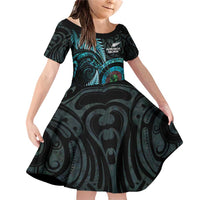 New Zealand Archery Family Matching Off Shoulder Short Dress and Hawaiian Shirt Aotearoa Silver Fern Maori LT14 Daughter's Dress Turquoise - Polynesian Pride