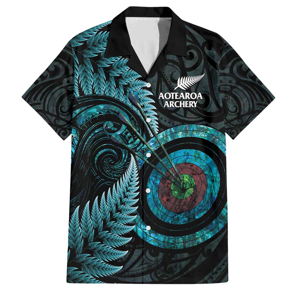 New Zealand Archery Family Matching Off Shoulder Short Dress and Hawaiian Shirt Aotearoa Silver Fern Maori LT14 Dad's Shirt - Short Sleeve Turquoise - Polynesian Pride