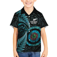 New Zealand Archery Family Matching Puletasi and Hawaiian Shirt Aotearoa Silver Fern Maori LT14 Son's Shirt Turquoise - Polynesian Pride