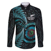 New Zealand Archery Family Matching Short Sleeve Bodycon Dress and Hawaiian Shirt Aotearoa Silver Fern Maori LT14 Dad's Shirt - Long Sleeve Turquoise - Polynesian Pride