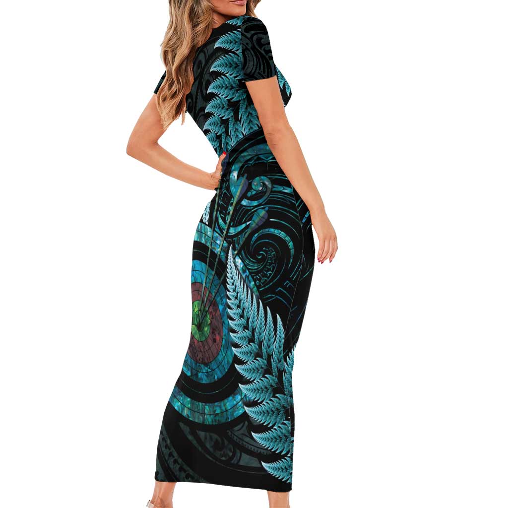 New Zealand Archery Family Matching Short Sleeve Bodycon Dress and Hawaiian Shirt Aotearoa Silver Fern Maori LT14 - Polynesian Pride
