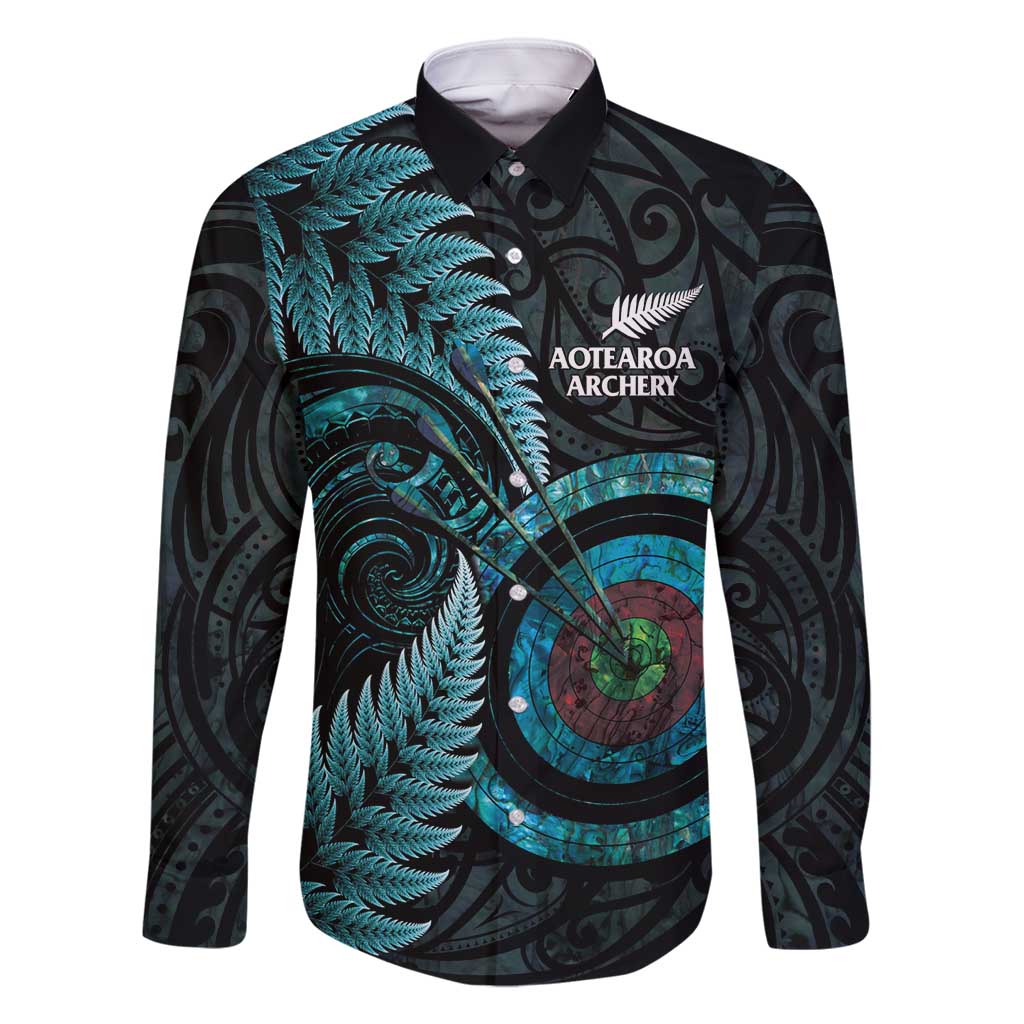 New Zealand Archery Family Matching Summer Maxi Dress and Hawaiian Shirt Aotearoa Silver Fern Maori LT14 Dad's Shirt - Long Sleeve Turquoise - Polynesian Pride