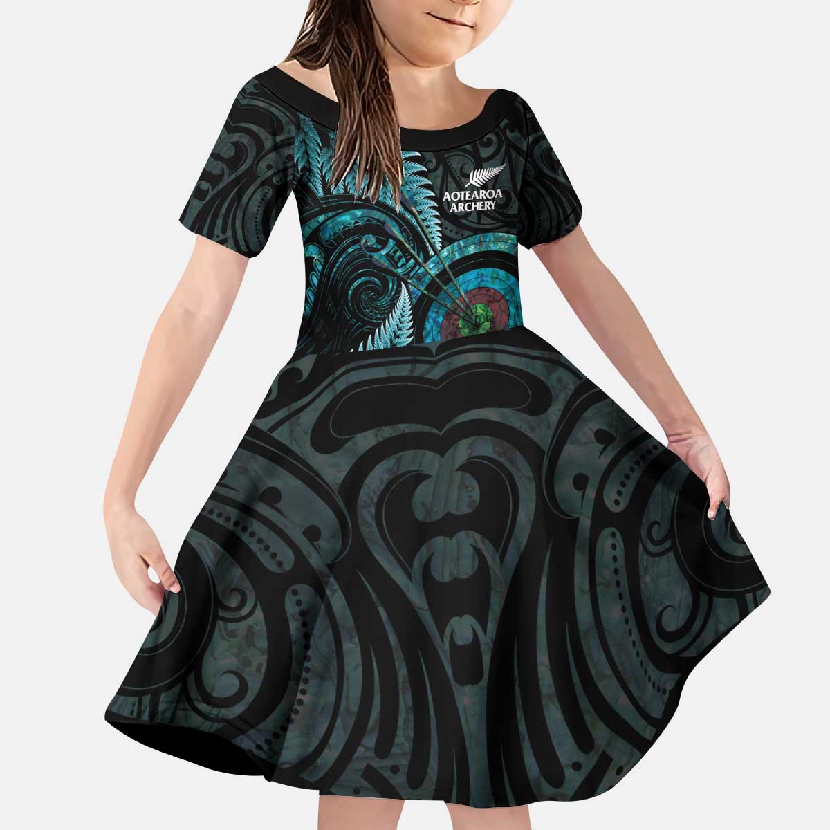 New Zealand Archery Kid Short Sleeve Dress Aotearoa Silver Fern Maori LT14 KID Turquoise - Polynesian Pride