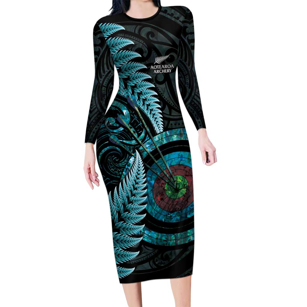 New Zealand Archery Long Sleeve Bodycon Dress Aotearoa Silver Fern Maori LT14 Long Dress Turquoise - Polynesian Pride