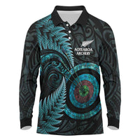 New Zealand Archery Long Sleeve Polo Shirt Aotearoa Silver Fern Maori LT14 Turquoise - Polynesian Pride