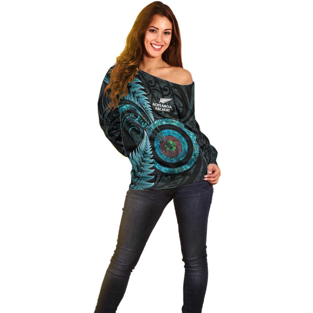 New Zealand Archery Off Shoulder Sweater Aotearoa Silver Fern Maori - Polynesian Pride