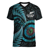 New Zealand Archery Women V-Neck T-Shirt Aotearoa Silver Fern Maori LT14 Female Turquoise - Polynesian Pride
