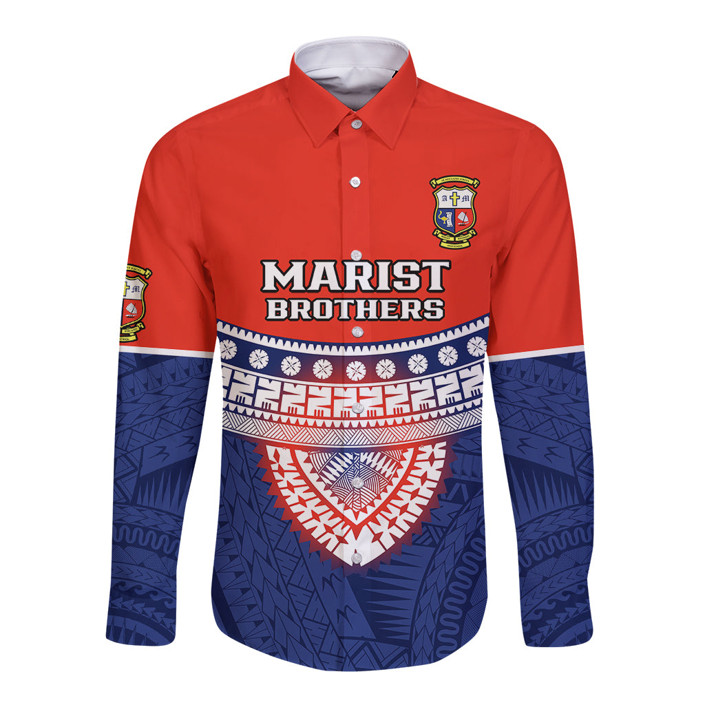 Fiji School Long Sleeve Button Shirt Marist Brothers Fijian Tapa Pattern LT14 Unisex Blue - Polynesian Pride
