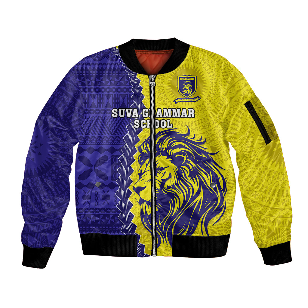 Fiji School Sleeve Zip Bomber Jacket Suva Grammar Lions With Fijian Tapa LT14 Unisex Gold - Polynesian Pride