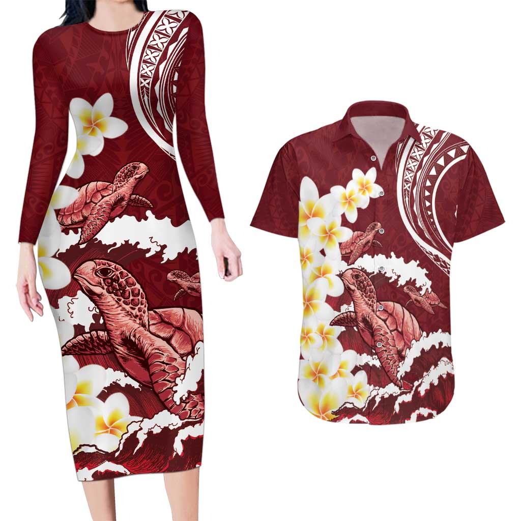 Blood Gold Polynesia Couples Matching Long Sleeve Bodycon Dress and Hawaiian Shirt Polynesian Frangipani With Sea Turtles LT14 Blood Gold - Polynesian Pride
