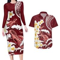 Blood Gold Polynesia Couples Matching Long Sleeve Bodycon Dress and Hawaiian Shirt Polynesian Frangipani With Sea Turtles LT14 Blood Gold - Polynesian Pride