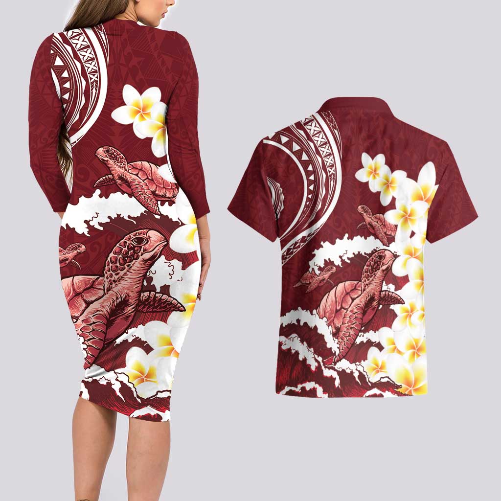 Blood Gold Polynesia Couples Matching Long Sleeve Bodycon Dress and Hawaiian Shirt Polynesian Frangipani With Sea Turtles LT14 - Polynesian Pride