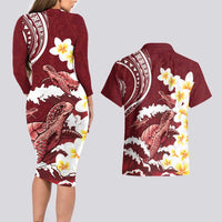 Blood Gold Polynesia Couples Matching Long Sleeve Bodycon Dress and Hawaiian Shirt Polynesian Frangipani With Sea Turtles LT14 - Polynesian Pride